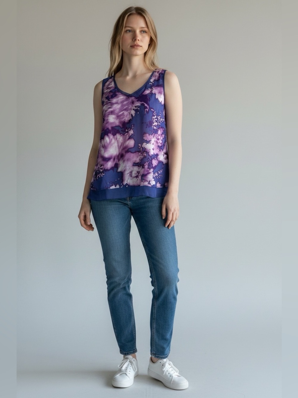Simply Vera Wang | Women's Purple and Pink Floral Print Tank Top Size XS